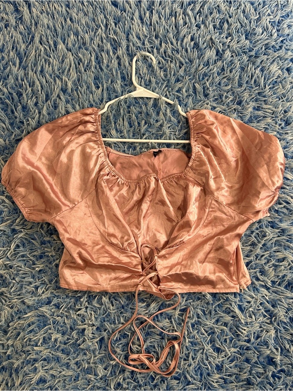 Pink Satin Puff Sleeve Crop Top with Front Tie